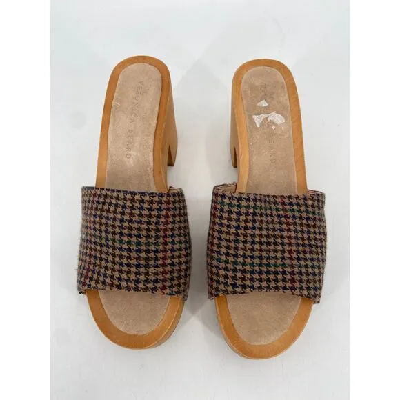 Veronica Beard Hannalee Houndstooth Studded Wool Wooden Platform Heeled Sandals