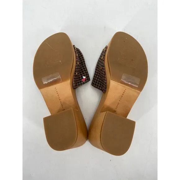 Veronica Beard Hannalee Houndstooth Studded Wool Wooden Platform Heeled Sandals