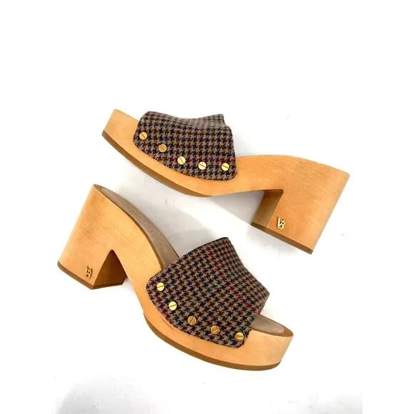 Veronica Beard Hannalee Houndstooth Studded Wool Wooden Platform Heeled Sandals