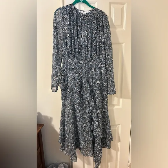 Veronica Beard Sazan Asymmetric Ruffled Floral Print Silk Chiffon Dress Size 10