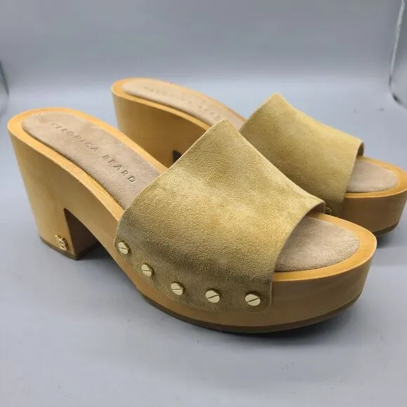 Veronica Beard Sz 6 Hannalee 2 Suede Mules Sandals Desert Tan Studs Platform New
