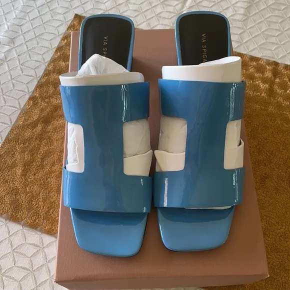 🔥VIA SPIGA blue 2” leather sandal slides, NEW, 9