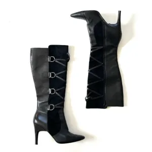 Via Spiga Lyon Black Leather &amp; Suede Lace-Up Corset Pointed Toe Knee High Boots