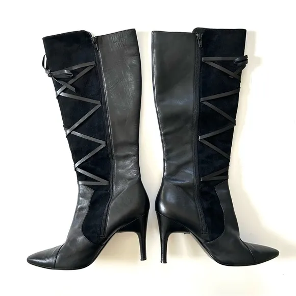 Via Spiga Lyon Black Leather &amp; Suede Lace-Up Corset Pointed Toe Knee High Boots