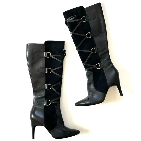 Via Spiga Lyon Black Leather &amp; Suede Lace-Up Corset Pointed Toe Knee High Boots