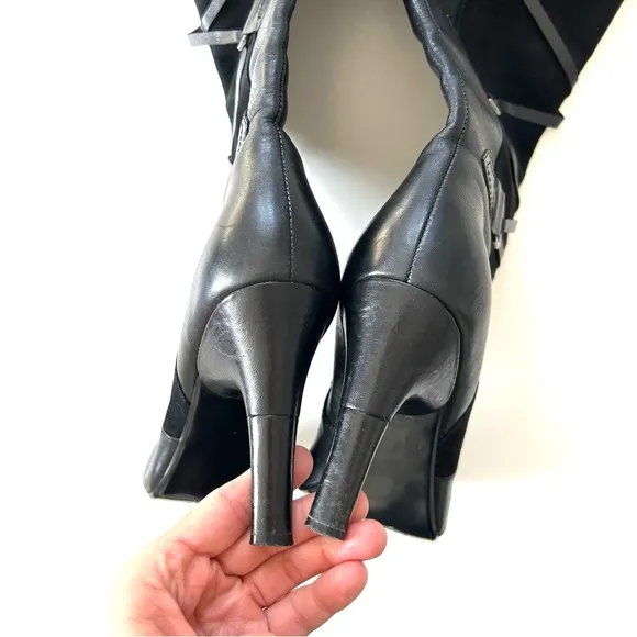Via Spiga Lyon Black Leather &amp; Suede Lace-Up Corset Pointed Toe Knee High Boots