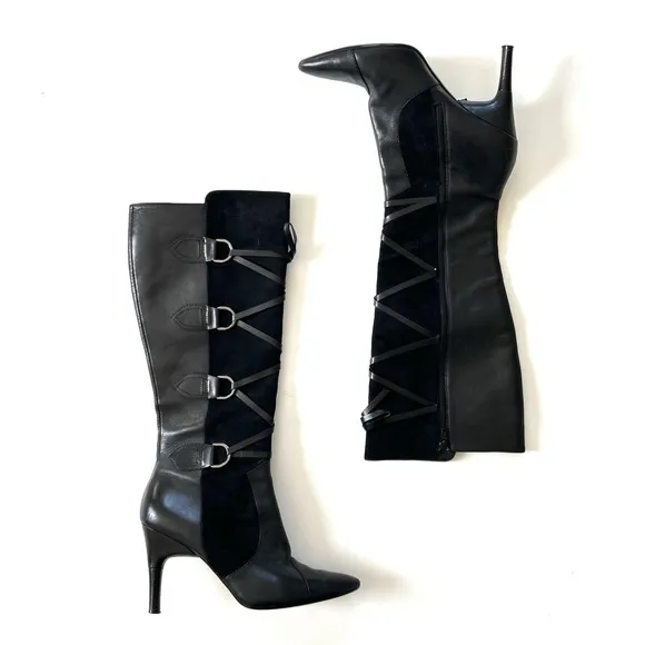 Via Spiga Lyon Black Leather &amp; Suede Lace-Up Corset Pointed Toe Knee High Boots