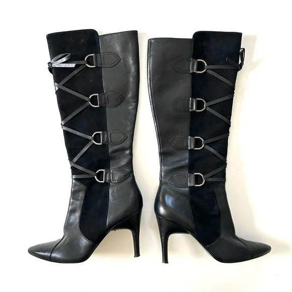 Via Spiga Lyon Black Leather &amp; Suede Lace-Up Corset Pointed Toe Knee High Boots
