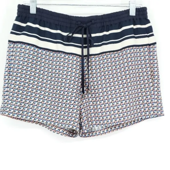 Vince Border Print Silk Drawstring Shorts in Coastal Blue. Size Small. NWOT