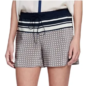 Vince Border Print Silk Drawstring Shorts in Coastal Blue. Size Small. NWOT