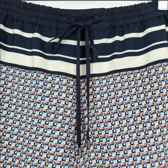 Vince Border Print Silk Drawstring Shorts in Coastal Blue. Size Small. NWOT