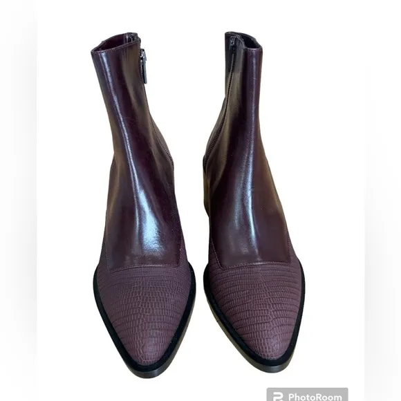 Vince burgundy pointed toe embossed leather chunky heel ankle boots size 6
