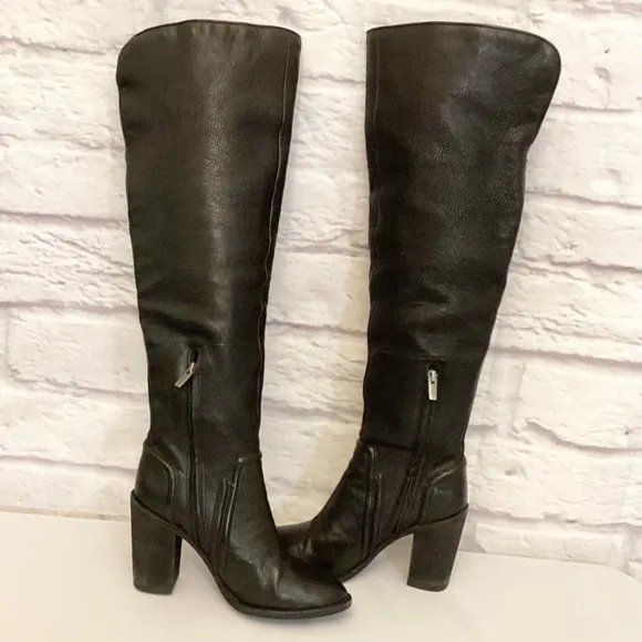 Vince Camuto 9 Melaya Tall Over The Knee Leather Women’s Boots Black Chunky Heel