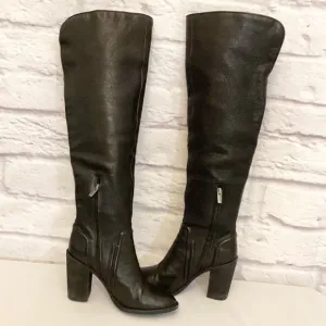 Vince Camuto 9 Melaya Tall Over The Knee Leather Women’s Boots Black Chunky Heel