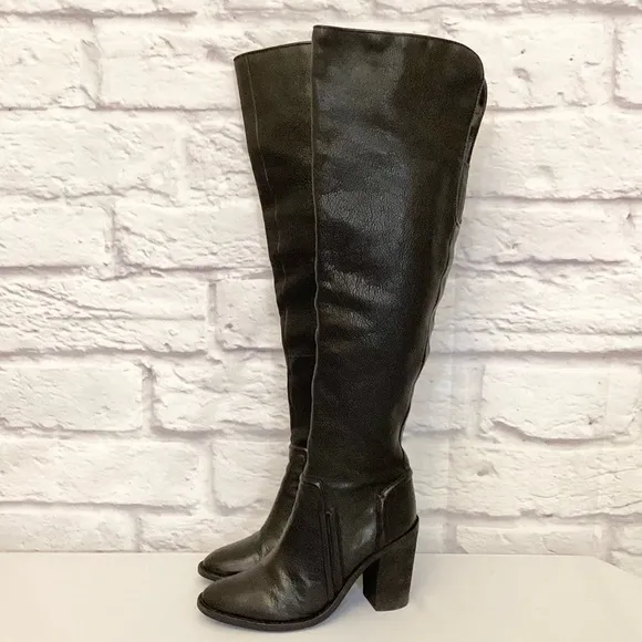 Vince Camuto 9 Melaya Tall Over The Knee Leather Women’s Boots Black Chunky Heel