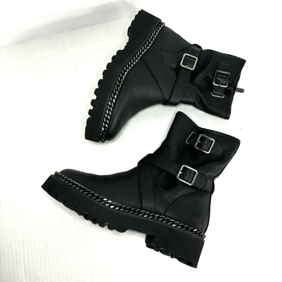 Vince Camuto Messtia Black Platform Chain Leather Lug Sole Boots Womens Size 6.5