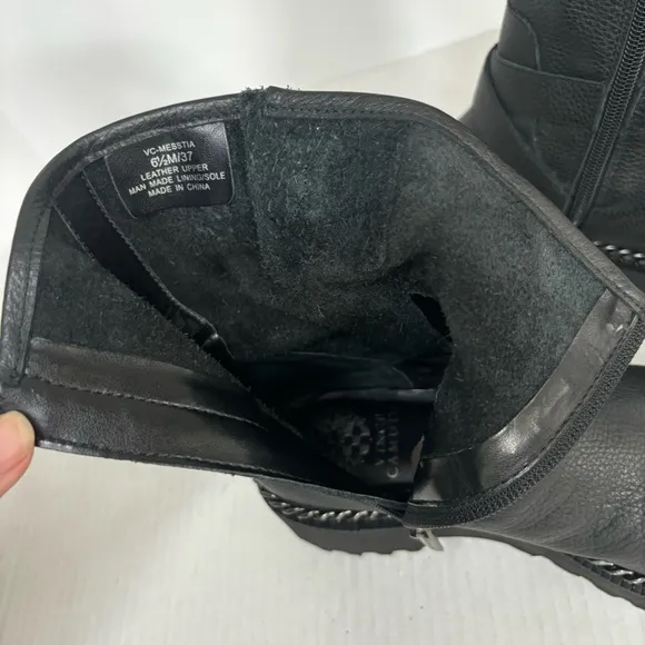 Vince Camuto Messtia Black Platform Chain Leather Lug Sole Boots Womens Size 6.5