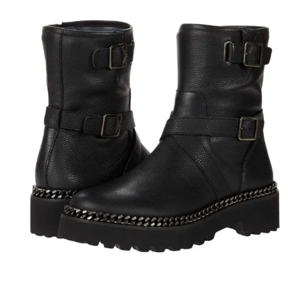 Vince Camuto Messtia Black Platform Chain Leather Lug Sole Boots Womens Size 6.5