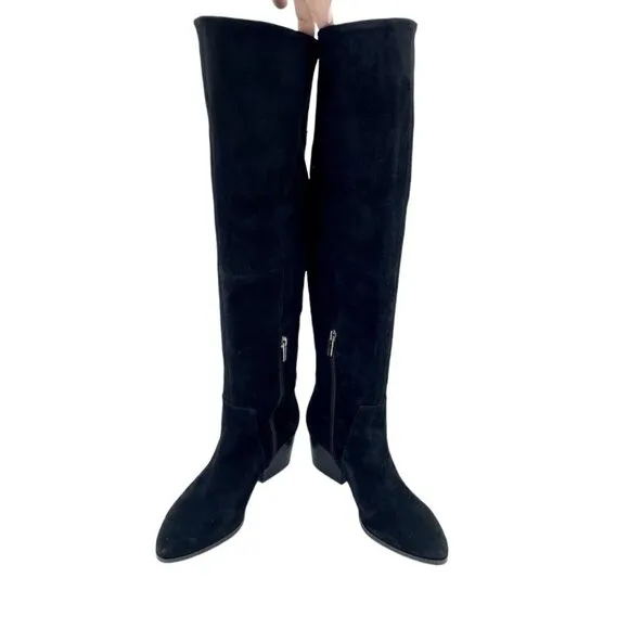 Vince Camuto Nestel Black Suede Leather  Block Heel Knee High Boots 6 New