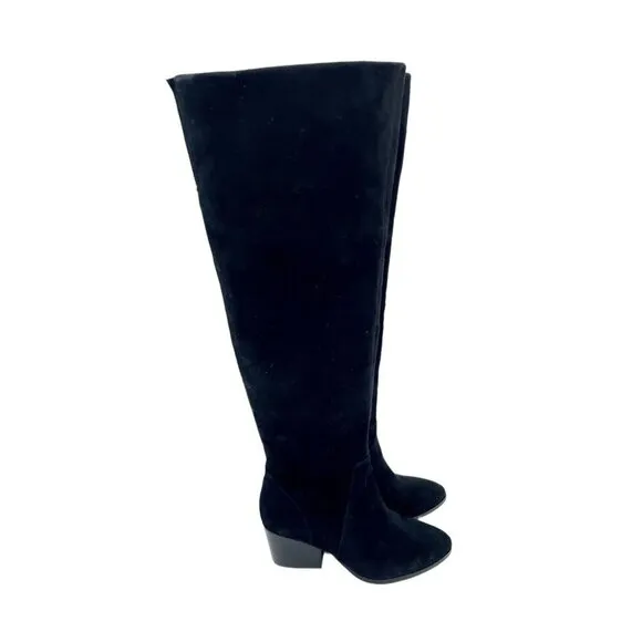 Vince Camuto Nestel Black Suede Leather  Block Heel Knee High Boots 6 New