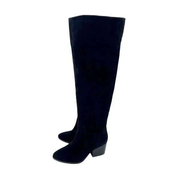 Vince Camuto Nestel Black Suede Leather  Block Heel Knee High Boots 6 New