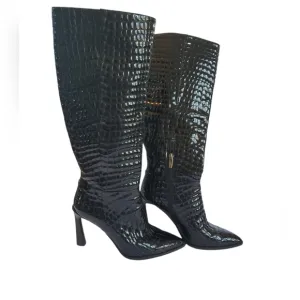 Vince Camuto Womens Pelsna Boot Size 8 Tall Black Patent Croc Pointed High Heel