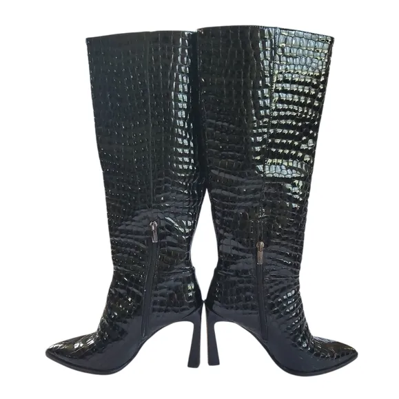 Vince Camuto Womens Pelsna Boot Size 8 Tall Black Patent Croc Pointed High Heel