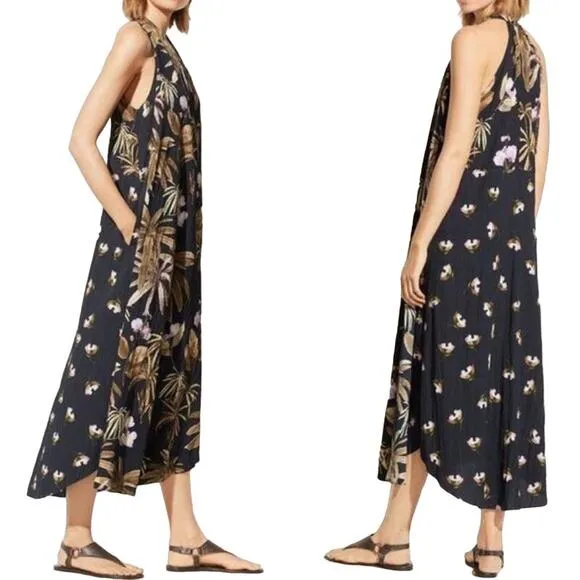 Vince NWT Mixed Tropical Garden Asymmetrical Midi Dress Size S Beachy Pockets
