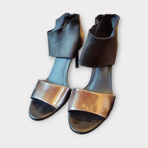 Vince Silver &amp; Black Leather Heeled Sandals