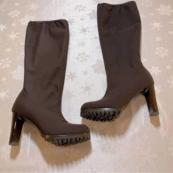 Vincini Tapeet Boots 15” Brown Chunky Sole 3” Heel Made in Italy Sz 6.5 NWOT