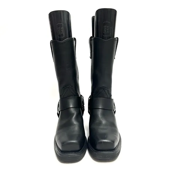 Vintage 1990s women’s black leather chunky moto harness biker boots