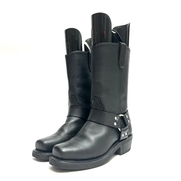 Vintage 1990s women’s black leather chunky moto harness biker boots