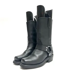 Vintage 1990s women’s black leather chunky moto harness biker boots