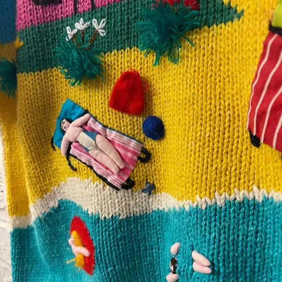 Vintage 80s 3D Hand-Knit Beach Scene Sweater – Whimsical Summer Coastal Kitsch
