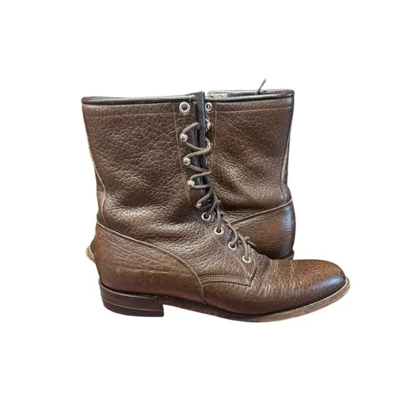 Vintage Justin 528 Men’s 8.5 E Pebble Grain Leather Lace Up Boots Brown USA Made