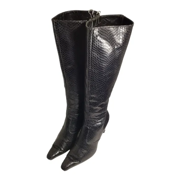 Vintage Nicole Miller Size 7.5 Made in Italy Black Snake Design Tall Zip Boots
