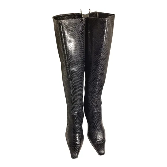 Vintage Nicole Miller Size 7.5 Made in Italy Black Snake Design Tall Zip Boots