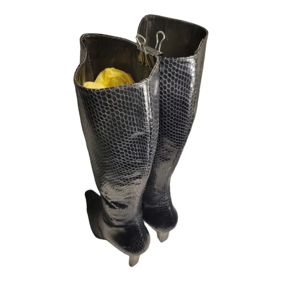 Vintage Nicole Miller Size 7.5 Made in Italy Black Snake Design Tall Zip Boots