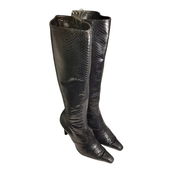 Vintage Nicole Miller Size 7.5 Made in Italy Black Snake Design Tall Zip Boots