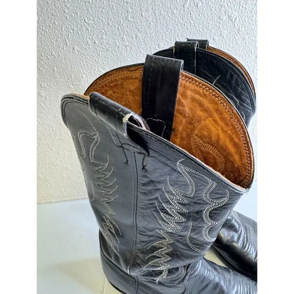 Vintage Nocona Cowboy Western Boots Black Leather Pointed Toe Size 10-10.5