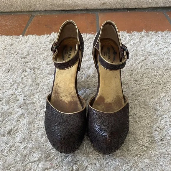 Vintage Prada Heels Brown Wooden Sandals Embroidered Studded Leather Size 39.5