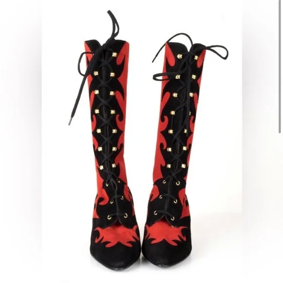 Vintage RARE Escada baroque tie up boots size 7 90's leather suede new black