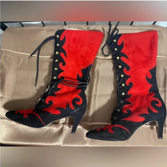 Vintage RARE Escada baroque tie up boots size 7 90's leather suede new black