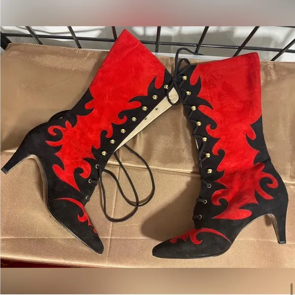Vintage RARE Escada baroque tie up boots size 7 90's leather suede new black