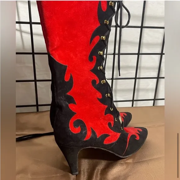 Vintage RARE Escada baroque tie up boots size 7 90's leather suede new black