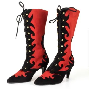 Vintage RARE Escada baroque tie up boots size 7 90's leather suede new black