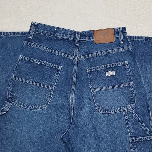 Vintage Route 66 Dark Wash Distressed Denim Wide Leg High Rise Carpenter Jeans