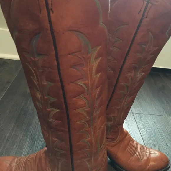 Vintage Tony Lama Made Tx High Brown Leather Cowboy Boots 6B Multi