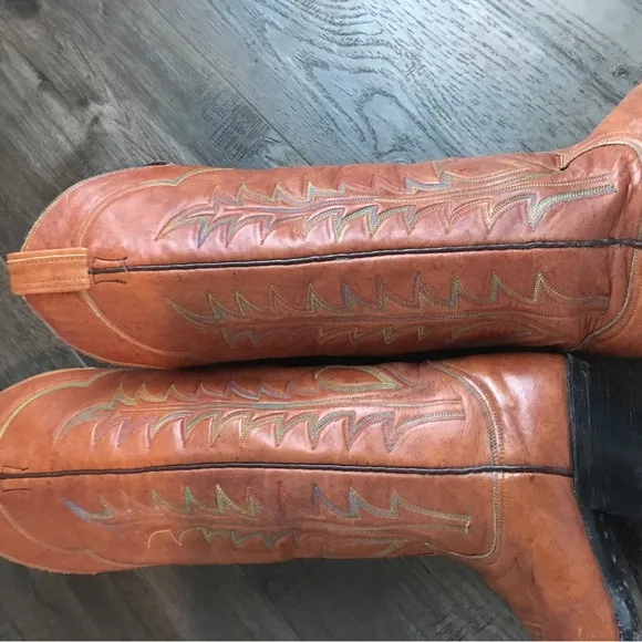 Vintage Tony Lama Made Tx High Brown Leather Cowboy Boots 6B Multi