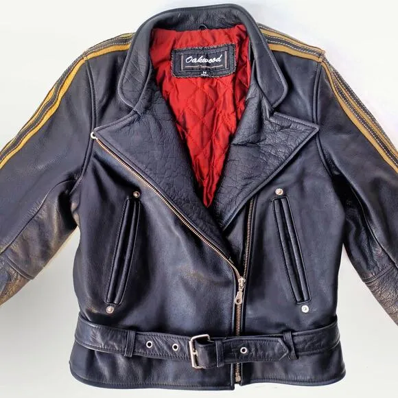 Vintage Y2K Black Leather Biker Jacket Moto Streetwear Parisian Racing Style EUC